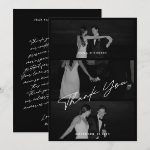 Chic Elegant Script Black 3 Photo Wedding Thank You Card
