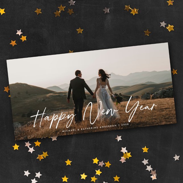 Chic Elegant Script Happy New Year Panoramic Photo Holiday Card (Creator Uploaded)