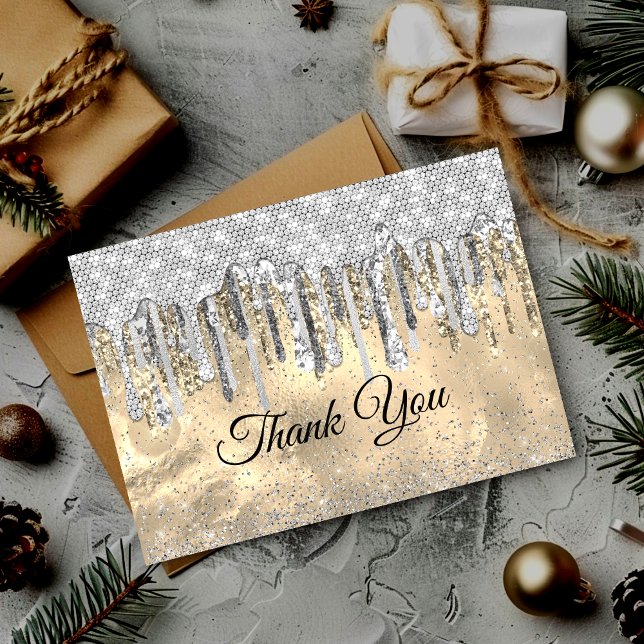 Chic elegant silver gold glitter drips thank you card (Creator Uploaded)