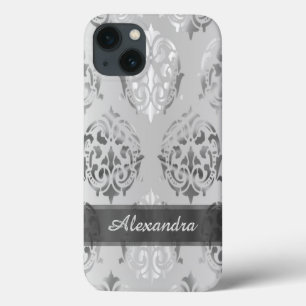 Chic elegant silver grey personalised damask iPhone 13 case