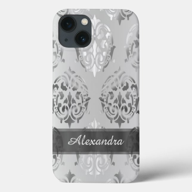 Chic elegant silver grey personalised damask Case-Mate iPhone case (Back)