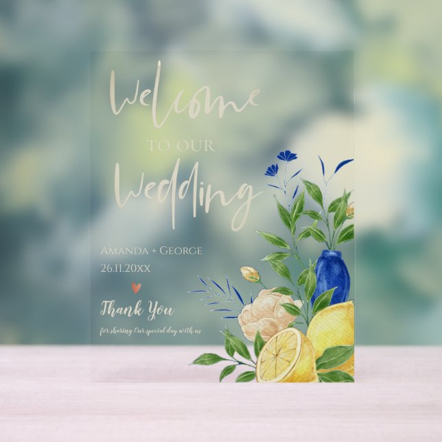  Chic Elegant Summer Lemon Floral Wedding Welcome Acrylic Sign (Neutral)