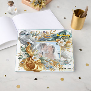 Chic Elegant Swirls in Gold, Silver, Blue, Yellow  Guest Book