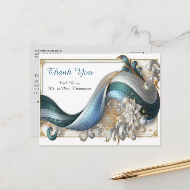 Chic Elegant Swirls in Gold, Silver, Blue, Yellow  Postcard (Front/Back In Situ)