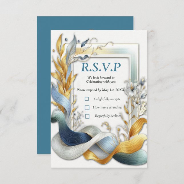 Chic Elegant Swirls in Gold, Silver, Blue, Yellow  RSVP Card (Front/Back)