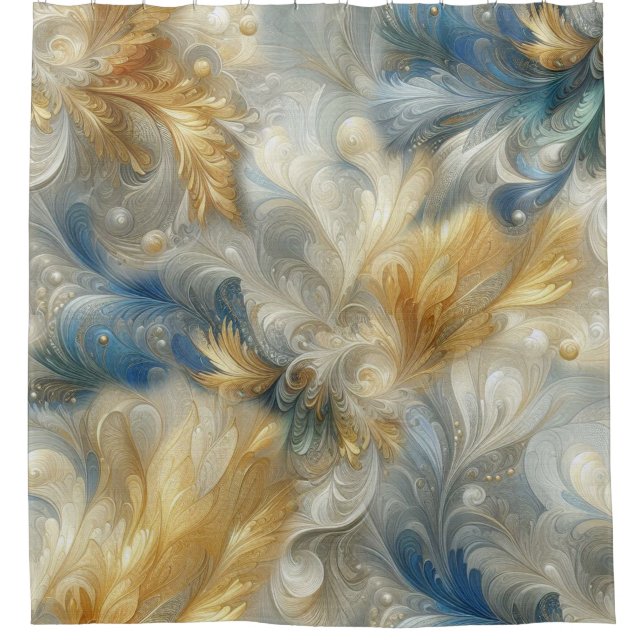 Chic Elegant Swirls in Gold, Silver, Blue, Yellow  Shower Curtain (Front)