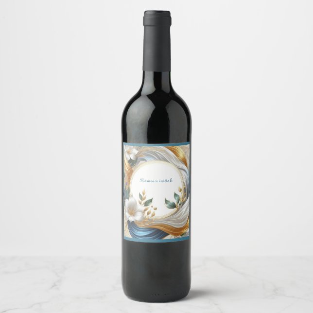 Chic Elegant Swirls in Gold, Silver, Blue, Yellow  Wine Label (Front)