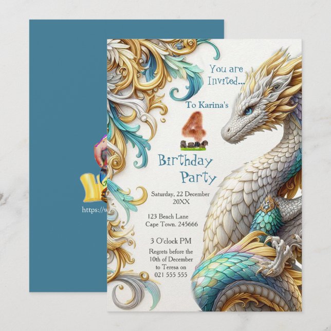 Chic Elegant Swirls in Gold, Silver Playful Dragon Invitation (Front/Back)