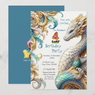 Chic Elegant Swirls in Gold, Silver Playful Dragon Invitation