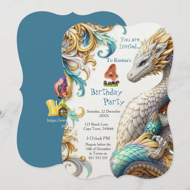 Chic Elegant Swirls in Gold, Silver Playful Dragon Invitation (Front/Back)