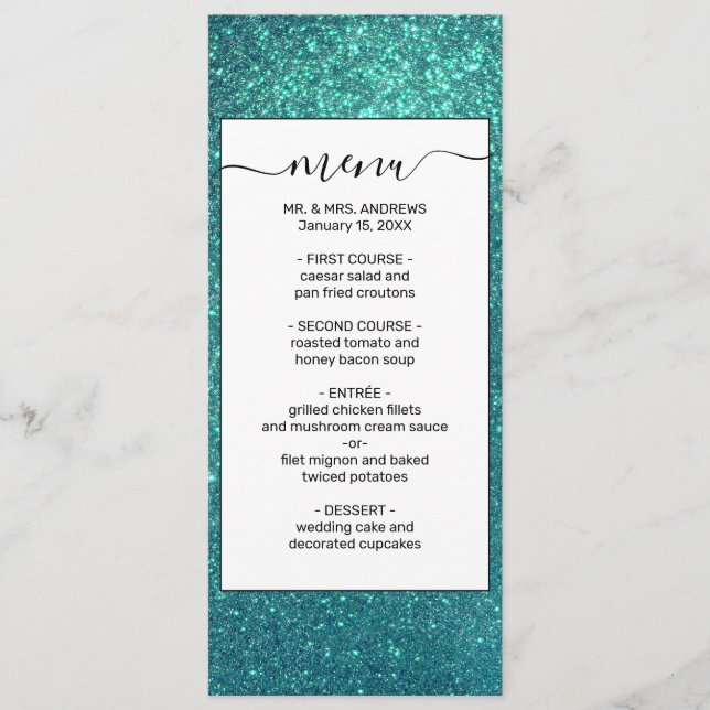 Chic Elegant Teal Blue Sparkly Glitter Menu (Front)