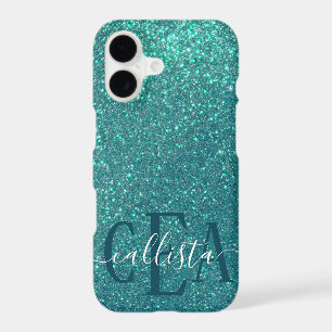 Chic Elegant Teal Blue Sparkly Glitter Monogram