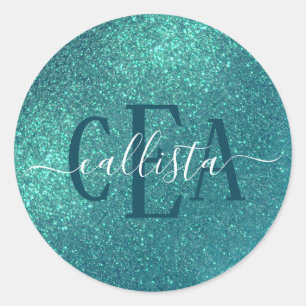 Chic Elegant Teal Blue Sparkly Glitter Monogram Classic Round Sticker