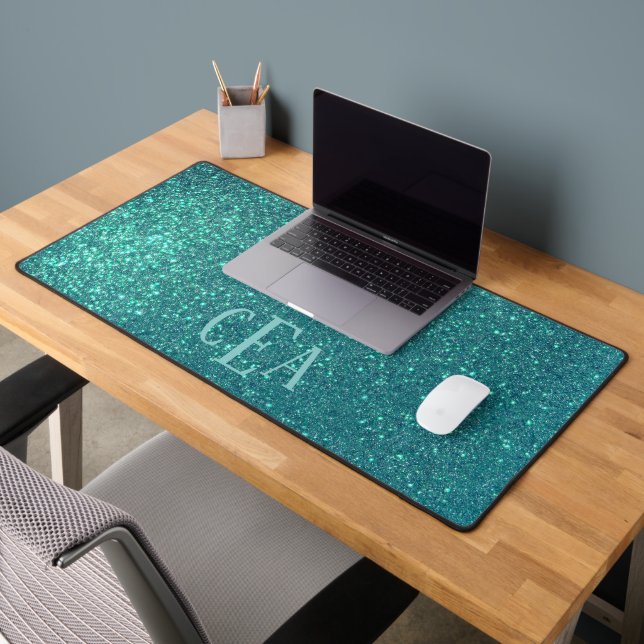 Chic Elegant Teal Blue Sparkly Glitter Monogram Desk Mat (Office 2)