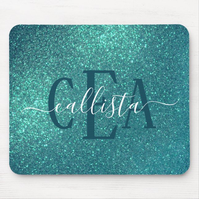 Chic Elegant Teal Blue Sparkly Glitter Monogram Mouse Mat (Front)