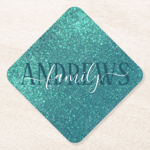Chic Elegant Teal Blue Sparkly Glitter Monogram Paper Coaster