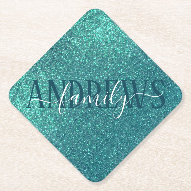 Chic Elegant Teal Blue Sparkly Glitter Monogram Paper Coaster (Front)