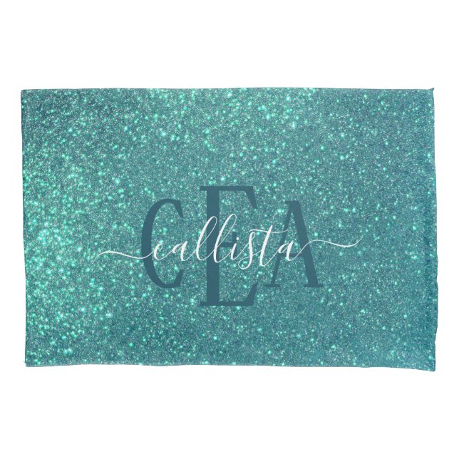 Chic Elegant Teal Blue Sparkly Glitter Monogram Pillowcase (Front)