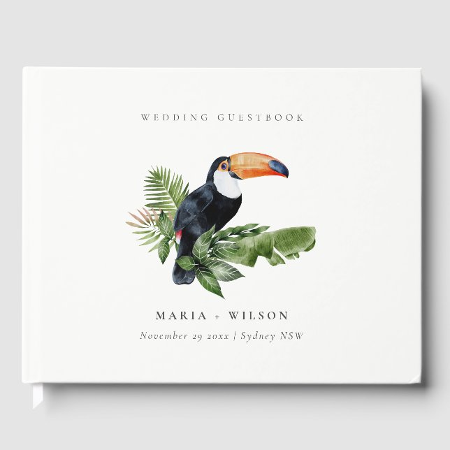 Chic Elegant Tropical Rainforest Toucan Wedding Guest Book (Front)