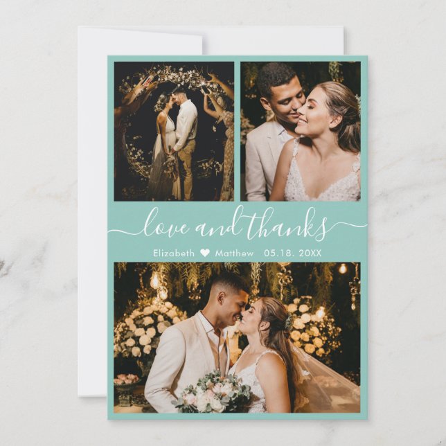 Chic Elegant Turquoise 3 Photo Collage Wedding Thank You Card (Front)