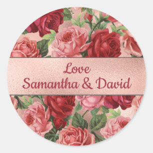 Chic Elegant Vintage Pink Red Roses Floral Classic Round Sticker