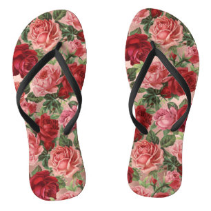 Chic Elegant Vintage Pink Red Roses Floral Flip Flops