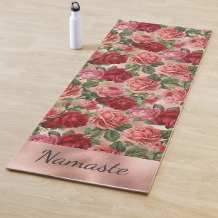 Chic Elegant Vintage Pink Red Roses Floral Namaste Yoga Mat