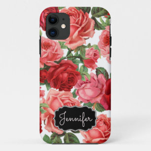 Chic Elegant Vintage Pink Red roses floral name iPhone 11 Case