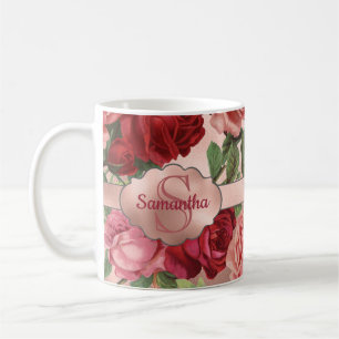 Chic Elegant Vintage Pink Red Roses Floral Name Coffee Mug