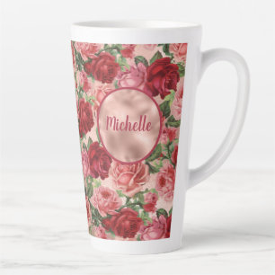 Chic Elegant Vintage Pink Red Roses Floral Name Latte Mug