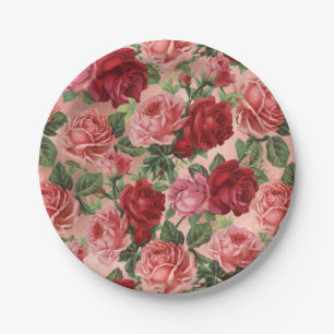 Chic Elegant Vintage Pink Red Roses Floral Paper Plate