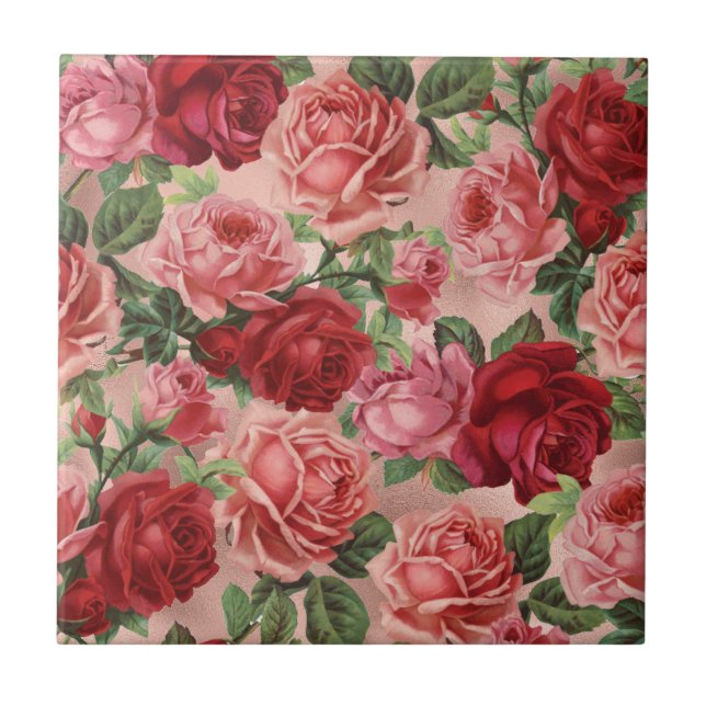 Chic Elegant Vintage Pink Red Roses Floral Tile (Front)