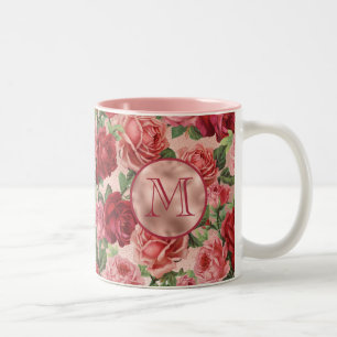Chic Elegant Vintage Pink Red Roses Floral Two-Tone Coffee Mug
