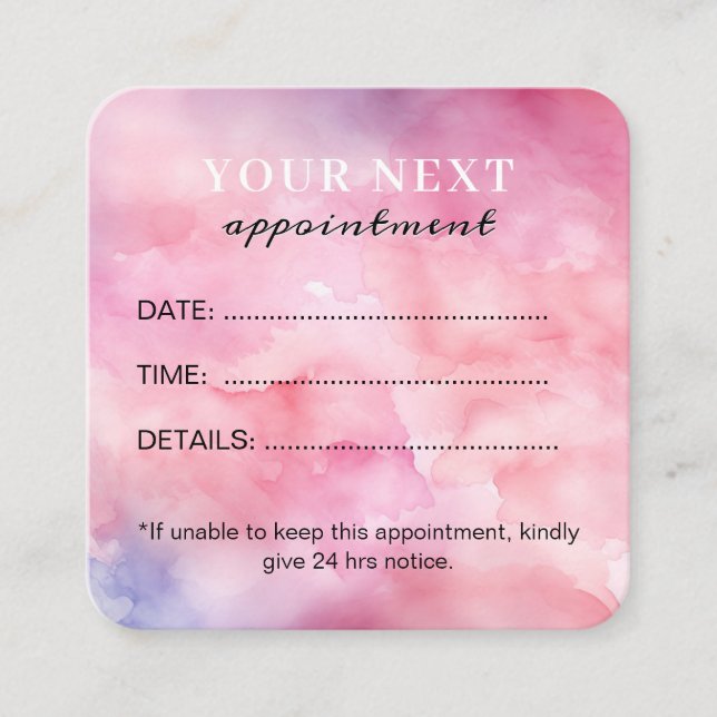 Chic Elegant Watercolor Pink Beauty Salon Appointment Card (Front)