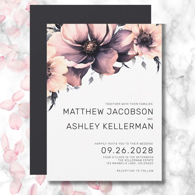 Chic Elegant Watercolor Pink Floral Wedding Invitation (Chic Elegant Pink Black White Floral Wedding Invitation)