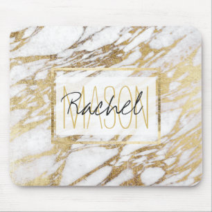 Chic Elegant White and Gold Marble Monogram Mouse Mat