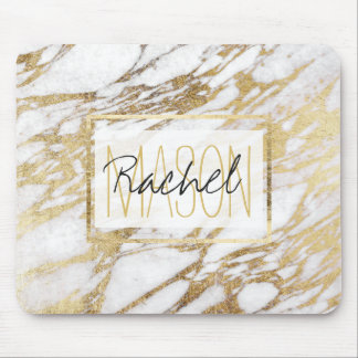 Chic Elegant White and Gold Marble Monogram Mouse Mat