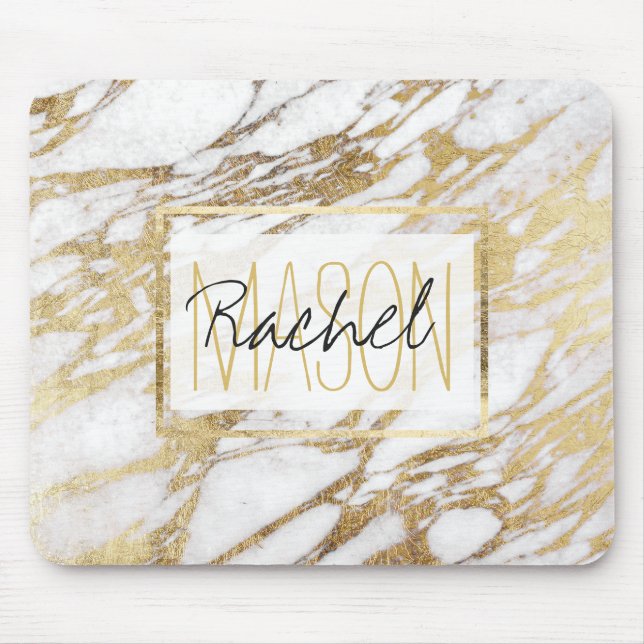 Chic Elegant White and Gold Marble Monogram Mouse Mat (Front)