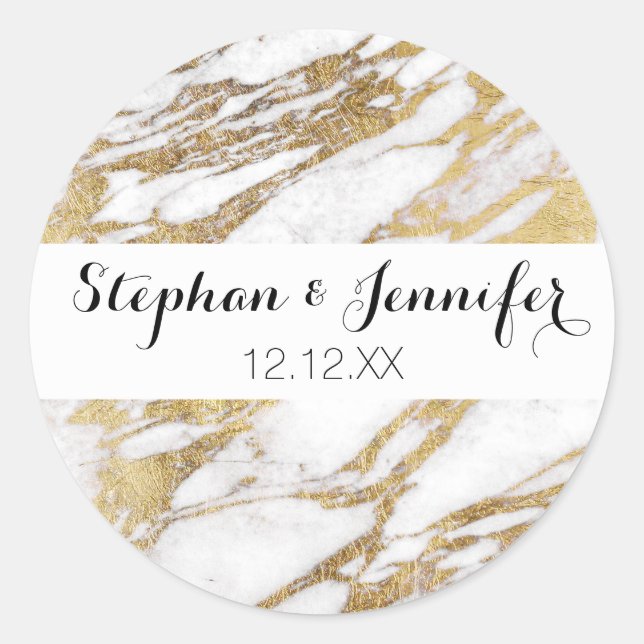 Chic Elegant White and Gold Marble Pattern Classic Round Sticker (Front)