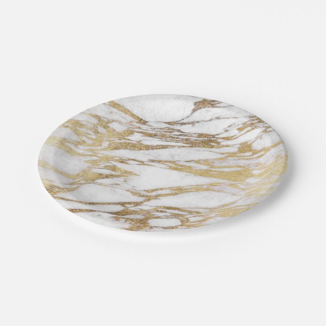 Chic Elegant White and Gold Marble Pattern Paper Plate (Angled)
