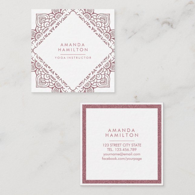 Chic Elegant White and Rose Gold MANDALA Square Business Card (Front/Back)