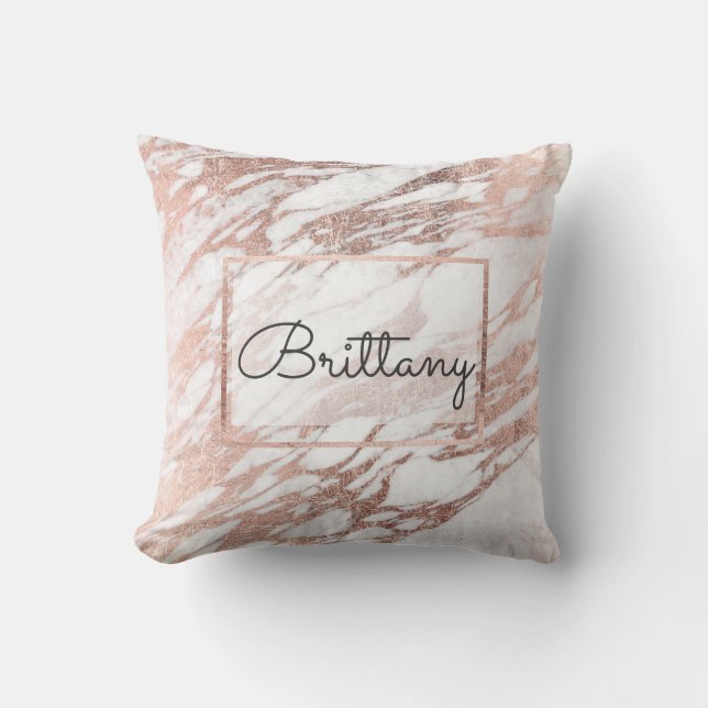 Chic Elegant White and Rose Gold Marble Monogram Cushion (Front)