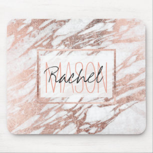 Chic Elegant White and Rose Gold Marble Monogram Mouse Mat