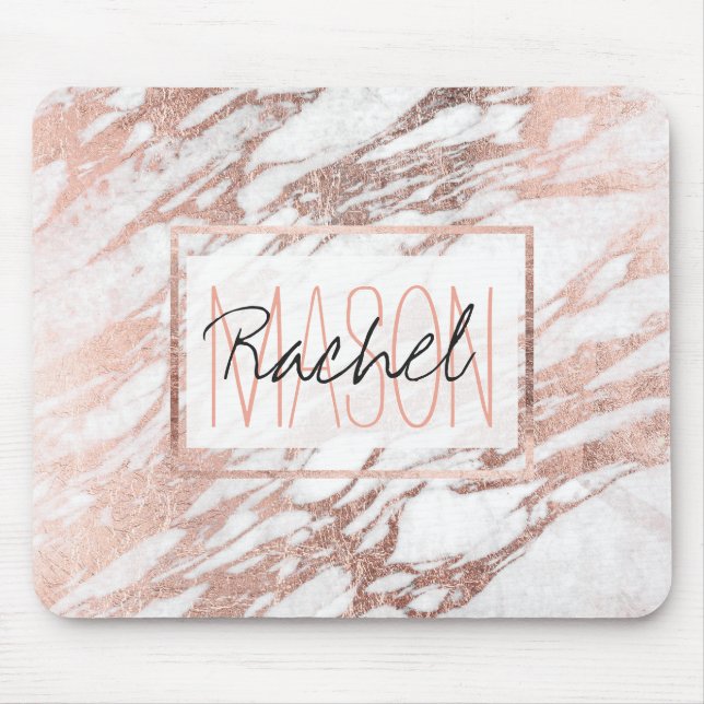 Chic Elegant White and Rose Gold Marble Monogram Mouse Mat (Front)