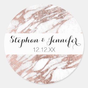 Chic Elegant White and Rose Gold Marble Pattern Classic Round Sticker