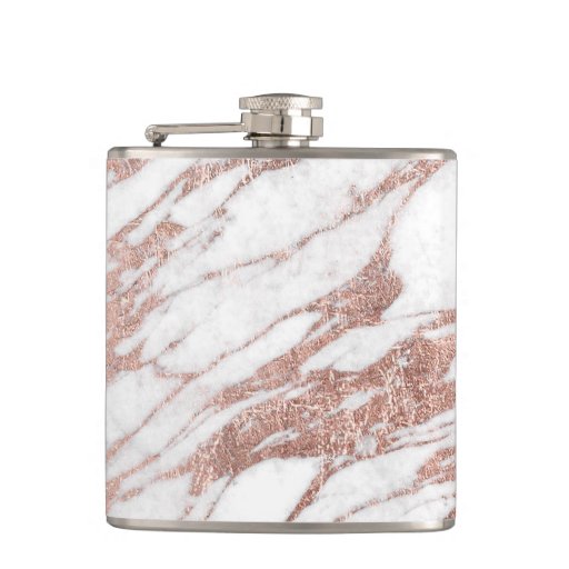 Image of Chic Elegant White and Rose Gold Marble Pattern Hip Flask