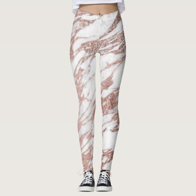 Chic Elegant White and Rose Gold Marble Pattern Leggings (Front)