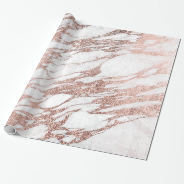 Chic Elegant White and Rose Gold Marble Pattern Wrapping Paper (Unrolled)