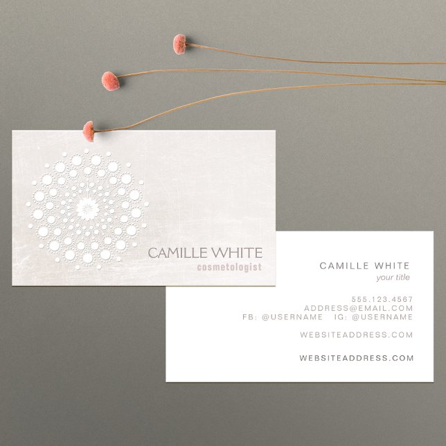 Chic Elegant White Circle Logo White Cosmetologist Business Card (Creator Uploaded)