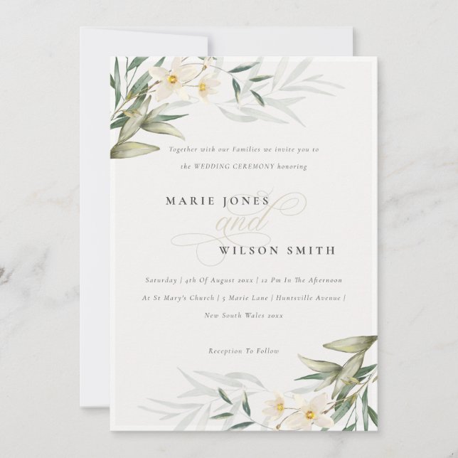 Chic Elegant White Greenery Floral Wedding Invite (Front)